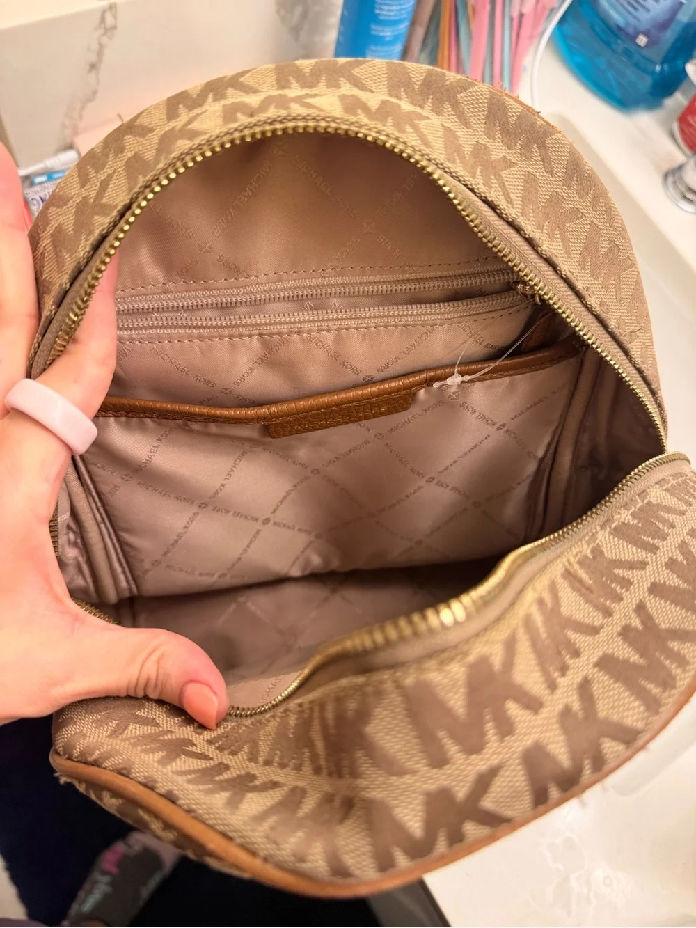 Michael Kors Tan & Brown Stripe Logo Mini Backpack